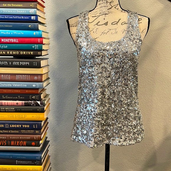 Alice + Olivia Tops - Alice + Olivia Silver Sequined Top